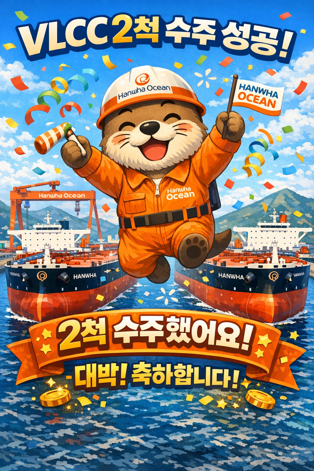 한화오션 VLCC 수주 — 한화오션이 오세아니아 선주로부터 초대형 원유운반선(VLCC) 2척을 3,933억 원에 수주한 이미지
