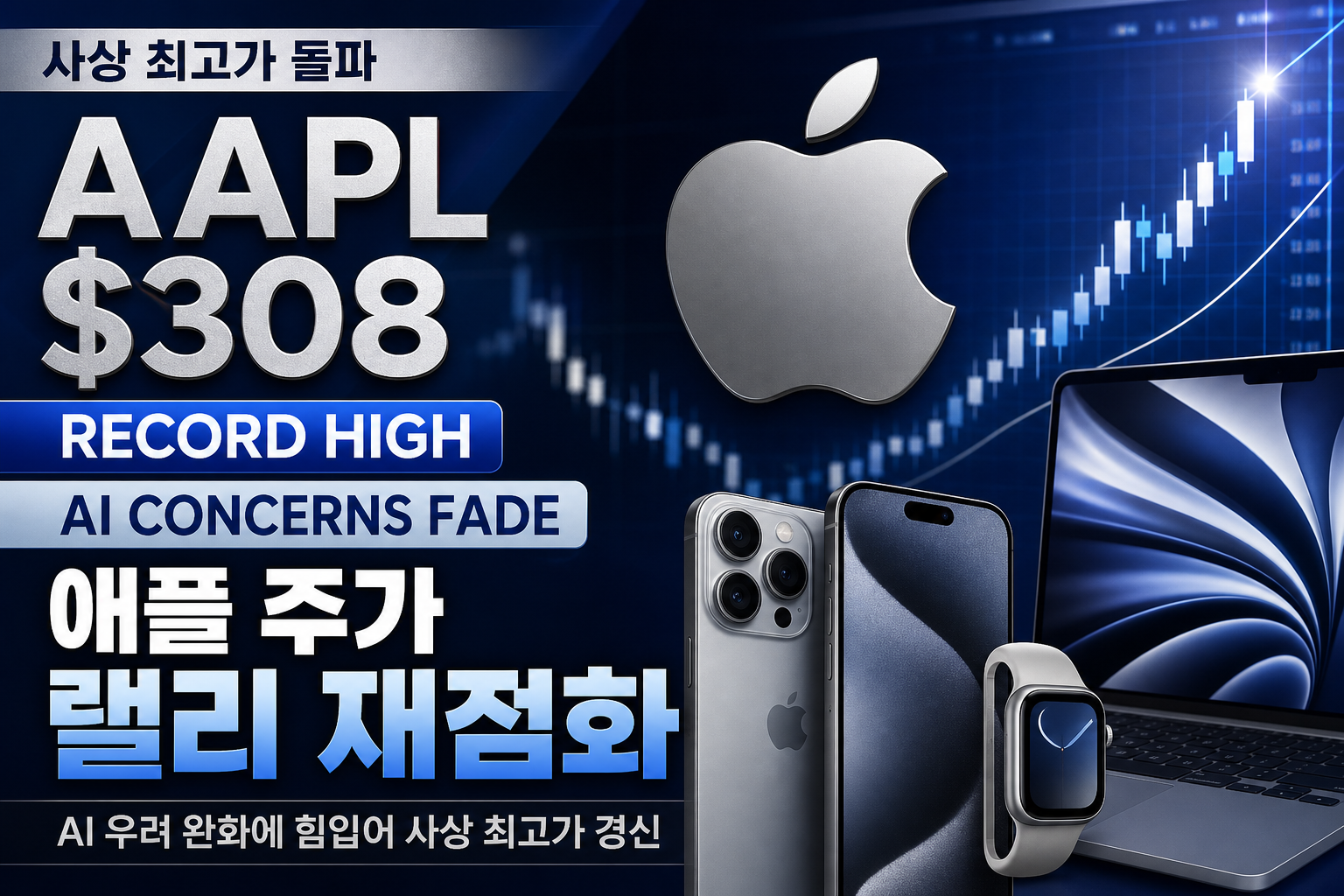 애플 AAPL 주식 사상 최고가와 AI 우려 완화를 표현한 금융 썸네일