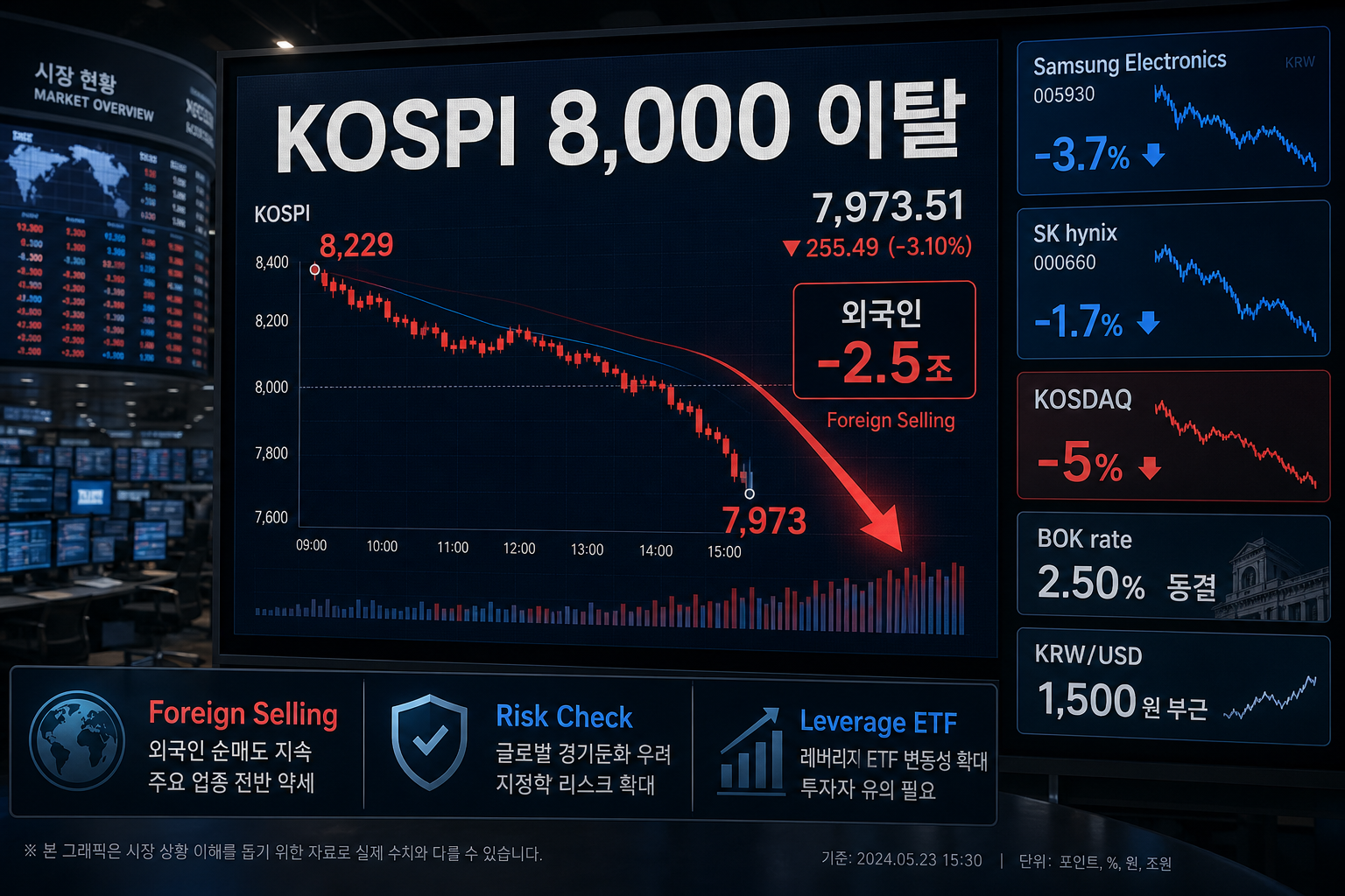 코스피 8,000선 붕괴와 외국인 순매도 흐름을 보여주는 금융 일러스트