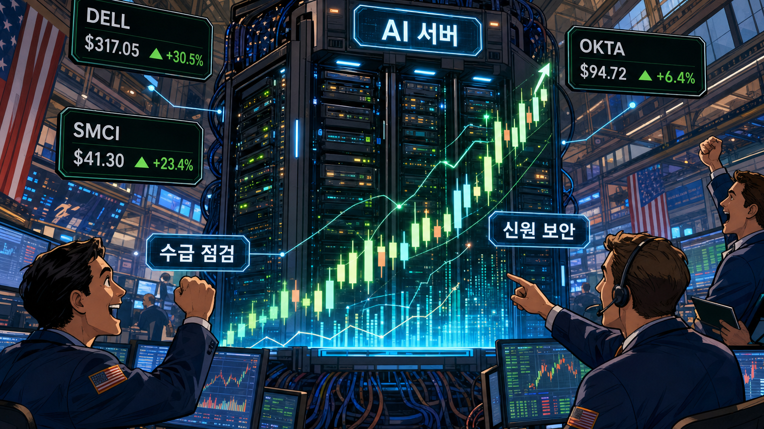 DELL SMCI OKTA AI 인프라 미국 주식 3종목 일러스트