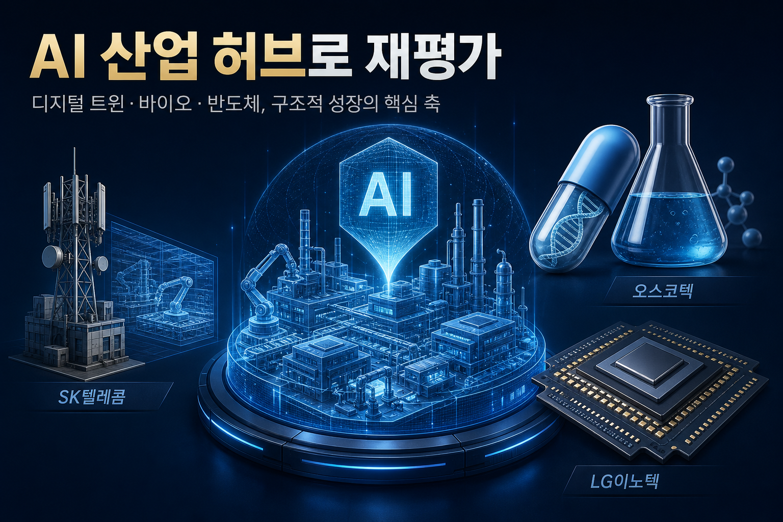 SK텔레콤 오스코텍 LG이노텍 국내 주식 3종목 이슈 일러스트