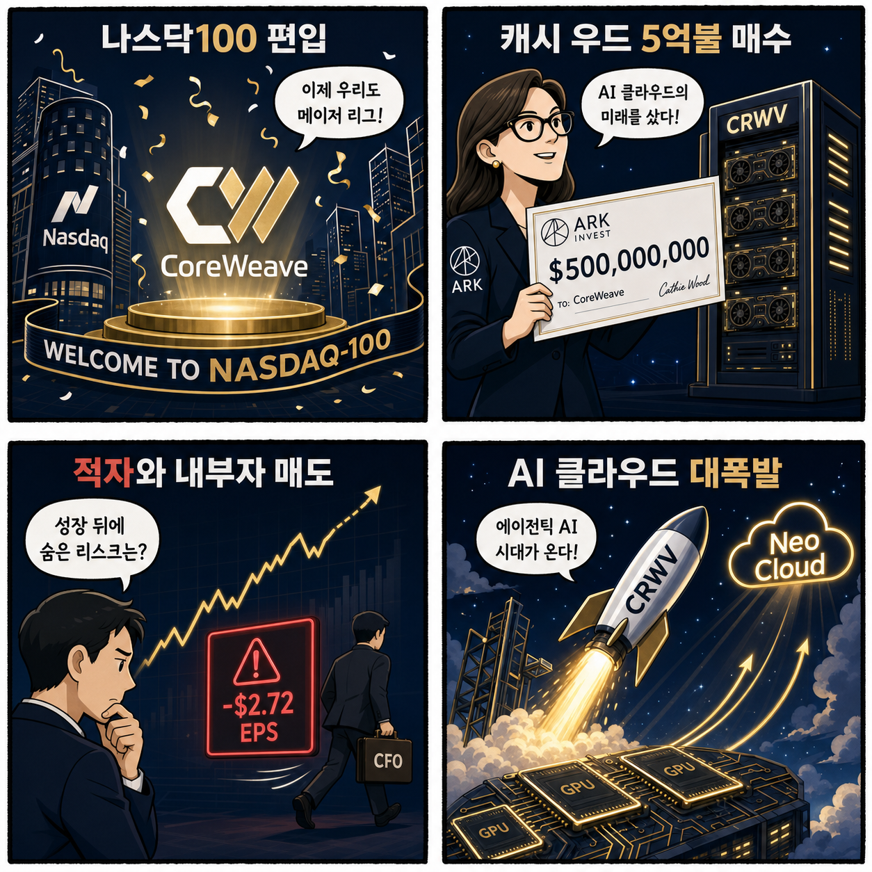 나스닥100 편입과 캐시 우드의 베팅, AI 클라우드 강자 코어위브(CRWV) 8% 급등