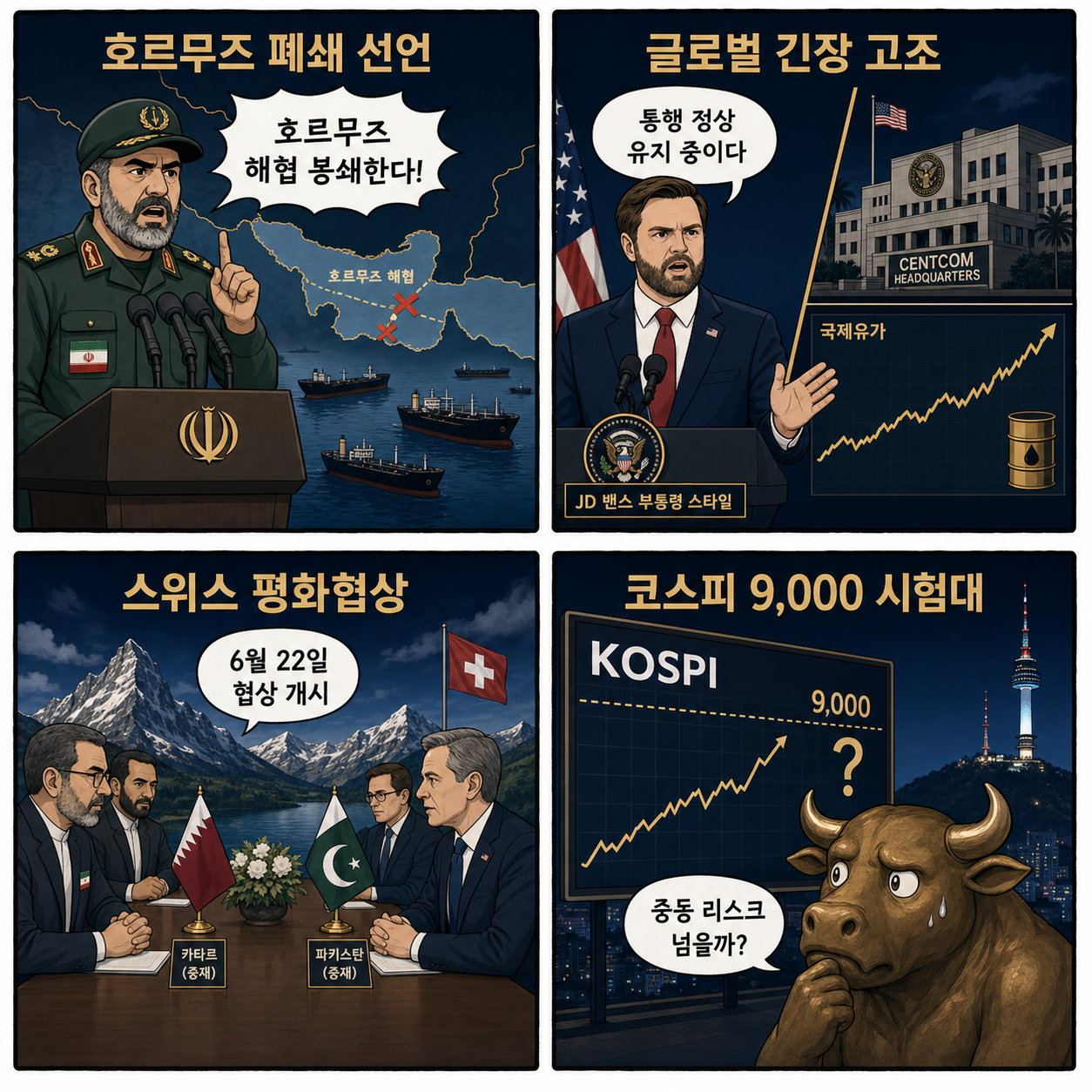 이란 호르무즈 폐쇄 선언과 스위스 평화협상, 글로벌 증시 및 코스피 9,000선 안착의 분수령