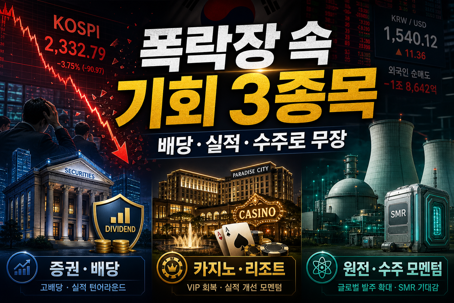 폭락장 속 배당·실적·수주로 무장한 국내 3종목 — 증권·카지노·원전, 하락장이 만든 진입 기회