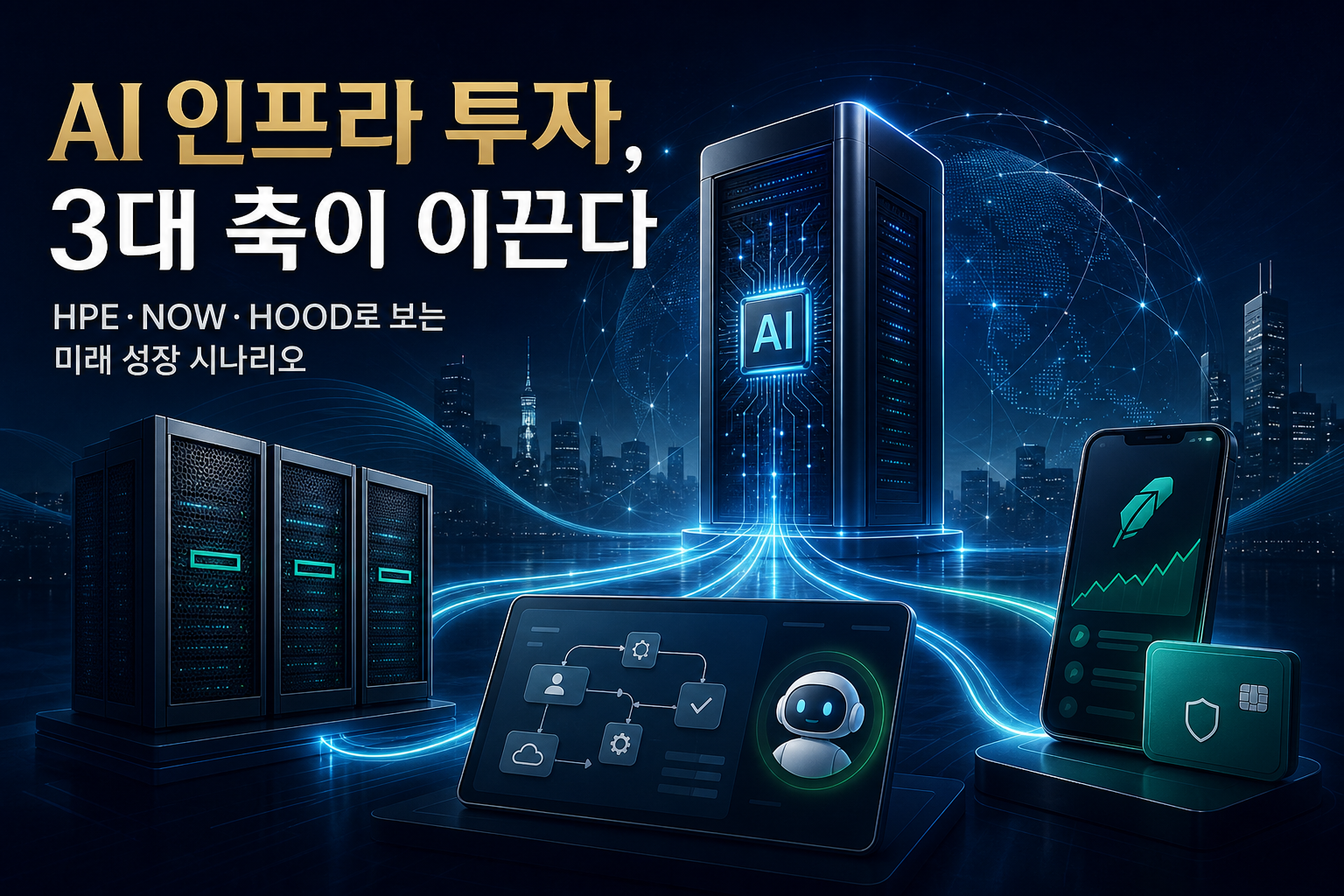 HPE 서비스나우 로빈후드 미국 주식 3종목 이슈 일러스트